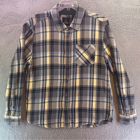 Prana Shirt Mens Large Long Sleeve Button Up Organic Shacket Plaid Flannel - Picture 1 of 10